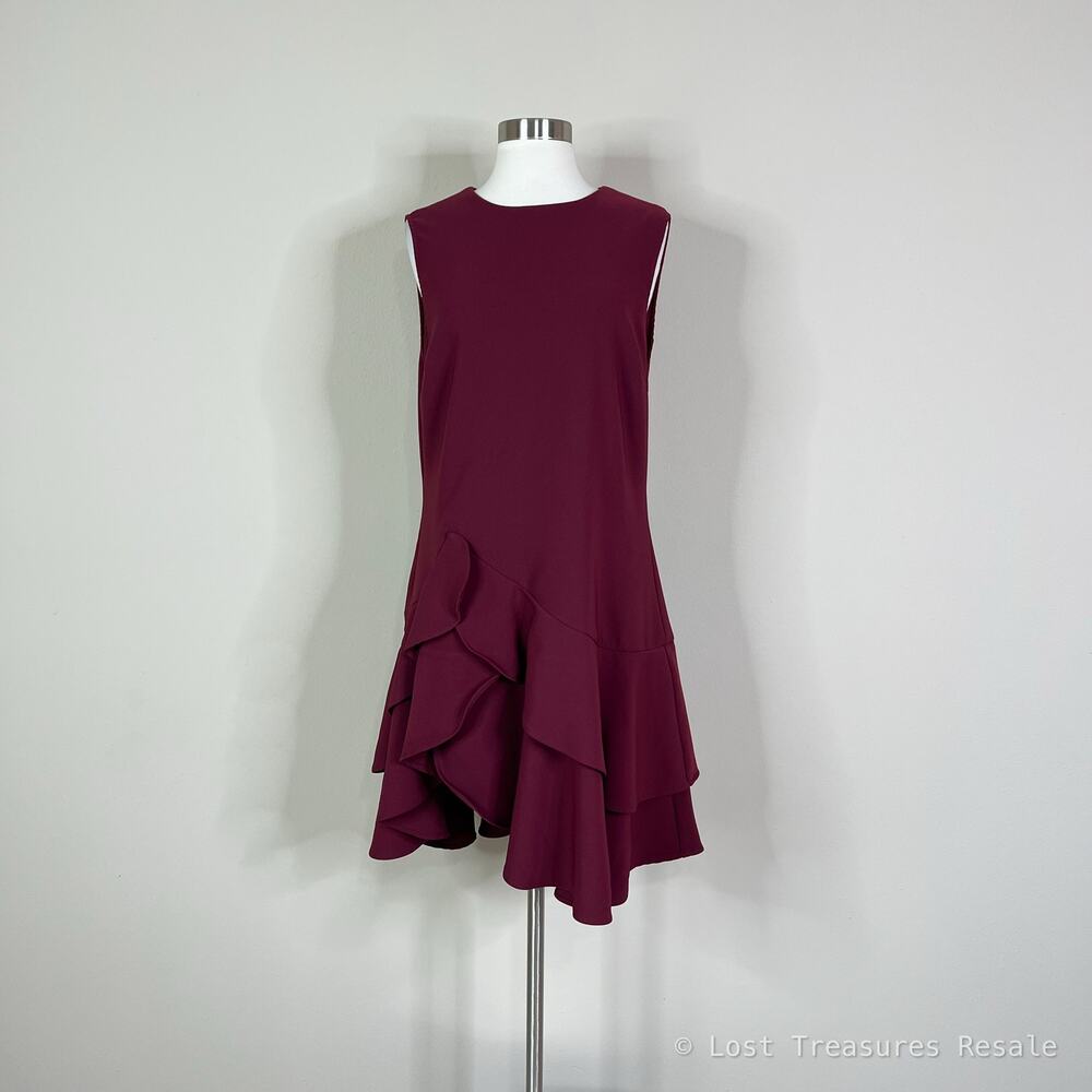 Commense | Burgundy Asymmetrical Ruffle Hem Sleeveless Minimal Mini Dress XL - Picture 2 of 9